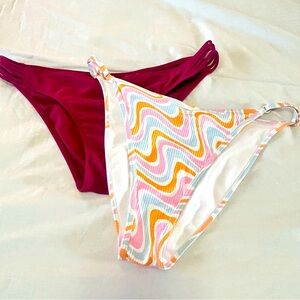 BUNDLE (2) Hollister Women’s CHEEKY Bikini Bottoms Cranberry & White Pink Wavy M
